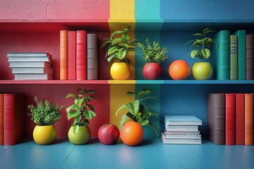 Shelf Filled With Books and Fruit. Generative AI