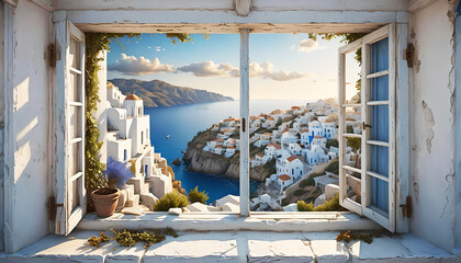 Wallpaper background window with sunset view with warm sunrays on the Mediterranean Sea with coast, city and landscape, like in Italy, Greece, Spain or France - obrazy, fototapety, plakaty