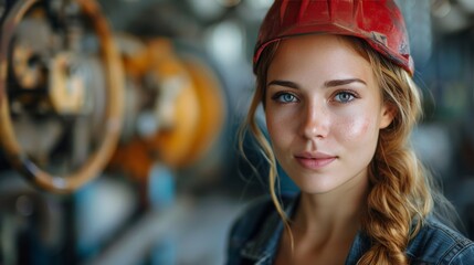 Woman Wearing Hard Hat in Factory