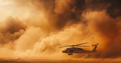 Military chopper takes off in combat and war flying into the smoke and chaos and destruction. Military concept of power, force, strength, air raid. Portrait View. AI generated illustration - obrazy, fototapety, plakaty
