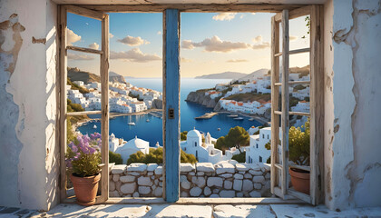 Wallpaper background window with sunset view with warm sunrays on the Mediterranean Sea with coast, city and landscape, like in Italy, Greece, Spain or France