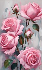 Bouquet of pink roses. Acrylic painting. Greeting card for Valentine's Day, birthday, wedding, anniversary or Mother's Day	