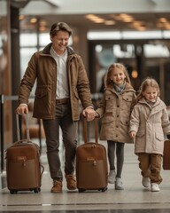 Family with children and luggage on an airport transfer