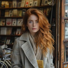 red haired woman in a bookstore store front with a bicycle