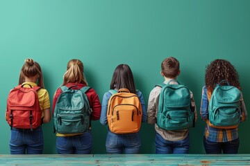 Group of Children With Backpacks Looking at Wall. Generative AI - obrazy, fototapety, plakaty