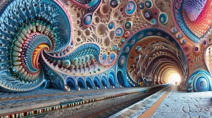 A tunnel with a colorful mural painted on the walls, AI