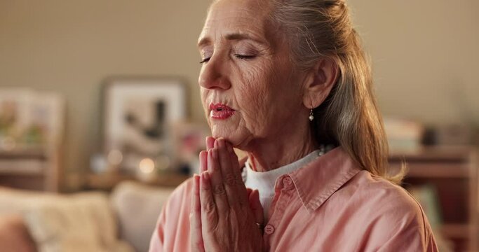 Woman, hands and religion prayer in home for Christian hope or God gratitude, guidance or worship. Senior person, holy spirit and grief support for healing guide or thankful, belief or confession