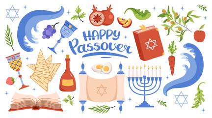 Happy Passover celebration icon set. Jewish holiday Pesach background. Menorah, meal, matzah, wine, torus, Star of David, Elijahs Cup. Waves of the red sea. Vector flat illustration.