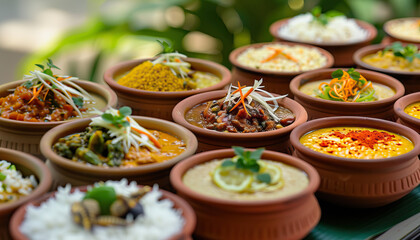 Diverse Cuisine Buffet: A tempting buffet spread showcasing the diverse cuisine of India, with dishes from different regions such as North Indian, South Indian, Mughlai, and coastal delicacies - obrazy, fototapety, plakaty