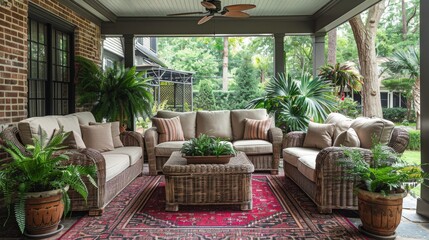 Cozy Patio With Wicker Furniture and Stone Wall