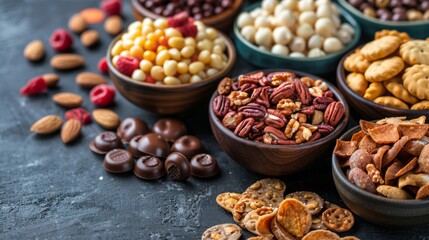 Assorted Fruits and Nuts in Colorful Bowls