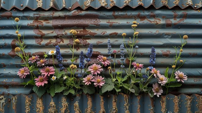   A planter holding several flowers, adjacent to a weathered metal wall with peeling paint