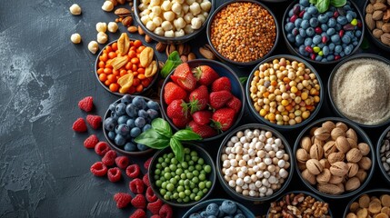 Assorted Fruits and Nuts in Colorful Bowls