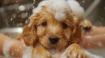 Dog Taking a Bath in a Bath Tub