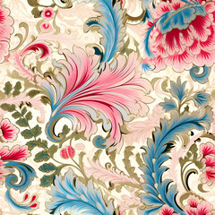 Fototapeta na wymiar Baroque Style Floral Elegance, Pink and Teal, Ornate Wallpaper Design