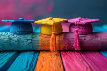 Colorful Graduation Caps Stacked Together. Generative AI - obrazy, fototapety, plakaty