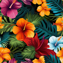 Fototapeta na wymiar Lush Tropical Hibiscus Garden, Bright Vivid Colors, Exotic Floral Background