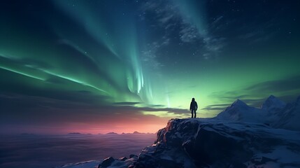 A solitary AI-generated figure standing on a hill, watching the northern lights dance across the...