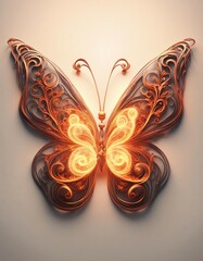 Fiery orange butterfly sculpture with elaborate swirls and glowing art, ideal for modern art and decor themes., generated with AI.
