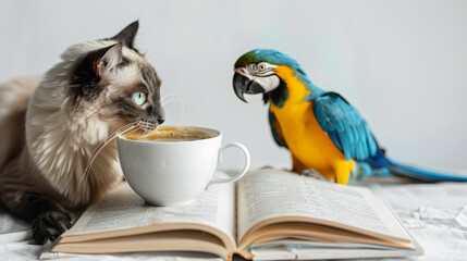 book parrot cat and coffee in white background