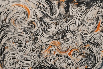 Swirling abstract line art with calligraphic elements in beige and orange, a dynamic and vibrant background ideal for creative design uses, generated with AI.
