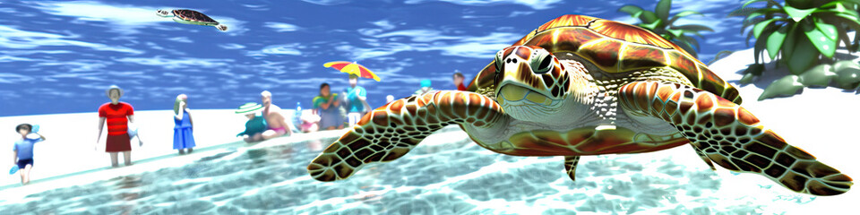 Ocean Delights: Smiling Families Watching Graceful Sea Turtles Glide Through the Water.