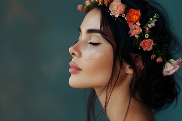 Profile of a dark-haired woman with closed eyes and flowers in her hair, promoting the importance of women's health and well-being. - obrazy, fototapety, plakaty