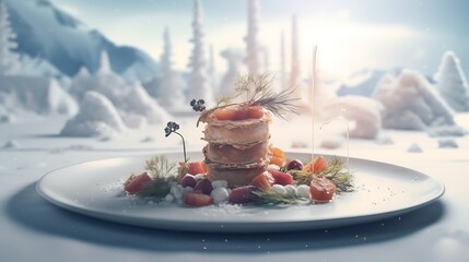 A team of AI-generated chefs competing in a winter-themed culinary challenge, creating exquisite dishes inspired by the season - obrazy, fototapety, plakaty