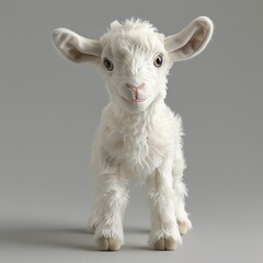 A cute goat plush toy on a white background emanating an aura of sweetness and innocence. Soft stuffed white goat with a friendly expression. - obrazy, fototapety, plakaty