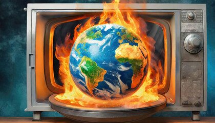 Planet Earth globe is burning in a microwave oven, conceptual illustration of global warming, temperature increase, over heating of the world in climate change
