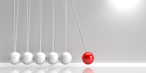 Newton's Cradle with balancing pendulum hanging in line with released red ball. Cause and effect concept on white background with shadows and copy space. 3d rendering realistic design illustration. - obrazy, fototapety, plakaty