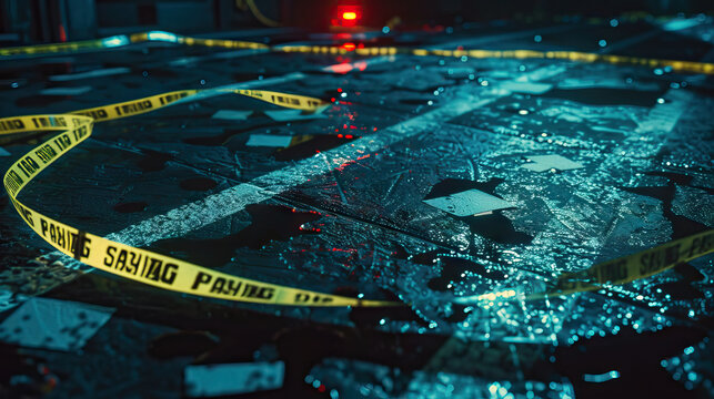 Murder Mystery: Crime Scene with Chalk Outline and Police Tape, Capturing the Aftermath of a Tragic Event, Prompting Viewers to Piece Together the Puzzle