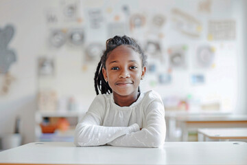 Young girl smiling at a table in a bright classroom - obrazy, fototapety, plakaty