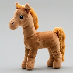 A cute horse plush toy on a white background emanating an aura of sweetness and innocence. Soft stuffed brown horse with a friendly expression.