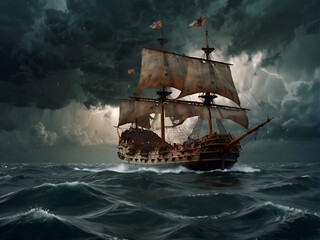 Fototapeta premium A seventeenth-century English line-of-battle warship, sailing the ocean.