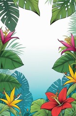 Fototapeta na wymiar Frame of vibrant tropical leaves and flowers
