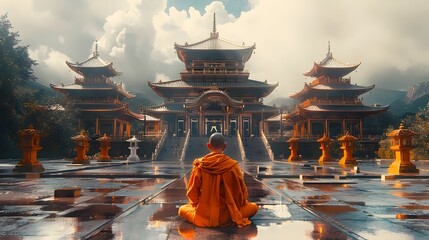 Buddhist monk meditating in solitude in front of a Buddhist temple. Meditation image - obrazy, fototapety, plakaty