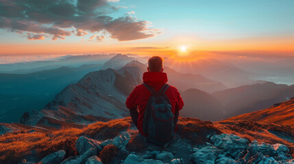 Fototapeta premium A man sitting on top of a mountain with his back to the sun, AI
