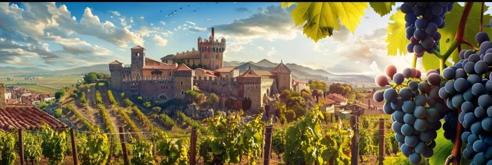 Zelfklevend Fotobehang grape fields against the backdrop of a medieval castle Generative AI © Roman