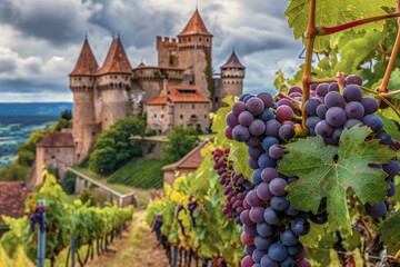 Fototapeta na wymiar grape fields against the backdrop of a medieval castle Generative AI