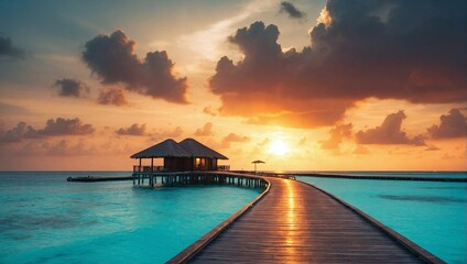 Serene Sunset at Tropical Overwater Bungalow with Wooden Pier in Ocean Paradise