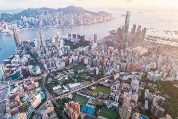 City landscape of the famous travel landmark, aerial view of Hong Kong, Victoria Harbour - obrazy, fototapety, plakaty