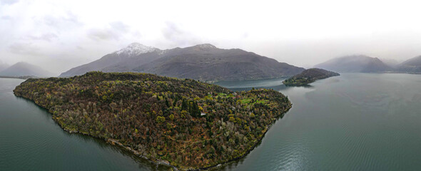 360 degree panorama. Aerial view of Bellagio village on the Lake Como, in Italy. Springtime.	