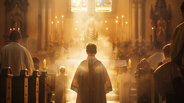 Altar Server Duties: Catholic Church. Individual Assisting Priest as Altar Server. Reverent Vibes during Altar Service. Personal Scene during Liturgical Service