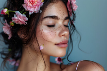 Profile of a dark-haired woman with closed eyes, promoting the importance of women's physical and mental health and well-being, with flowers in her hair.
