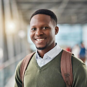Smile, travel or happy black man in an airport for an international conference, seminar or global convention