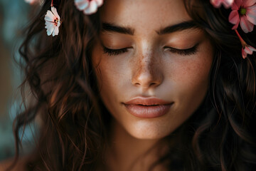 Profile of a calm, dark-haired woman with closed eyes and flowers in her hair, highlighting the importance of women's mental and physical health and promoting overall well-being.