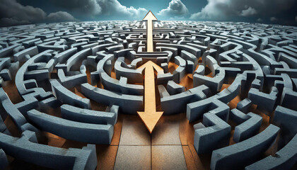 Success strategy arrow through maze way puzzle path on 3d solution labyrinth business background with direction decision goal thinking challenge entrance find achievement exit solving target concept. - obrazy, fototapety, plakaty
