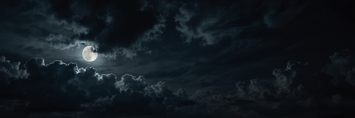 Fototapeta na wymiar dark dramatic clouds in night sky with full moon from Generative AI