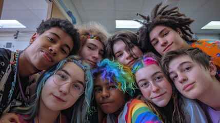 High School Queer Alliance: A group of LGBTQ+ teens forming a supportive alliance at their high school, advocating for inclusivity and acceptance - obrazy, fototapety, plakaty